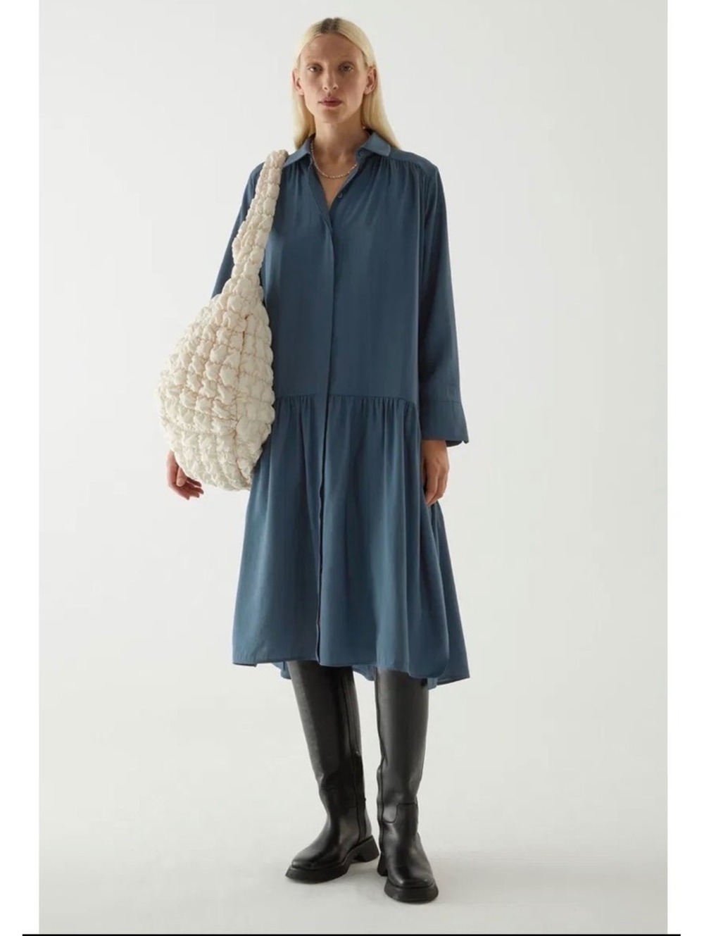 COS Tiered Maxi Shirt Dress (L) in Dark Slate / Navy Blue